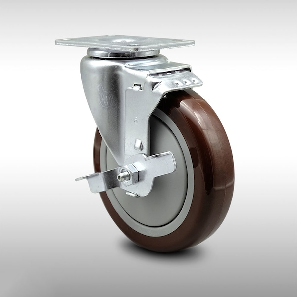 5 Inch SS Maroon Polyurethane Swivel Top Plate Caster with Brake